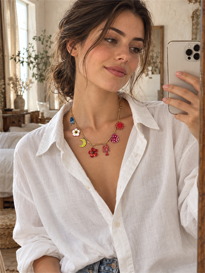 Retrobird Solana Colorful Figurative Charm Detailed Red Necklace