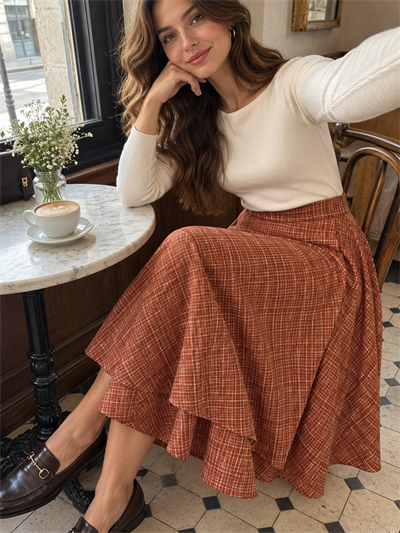 Retrobird Hazel Layered Cinnamon Asymmetrical Midi Skirt
