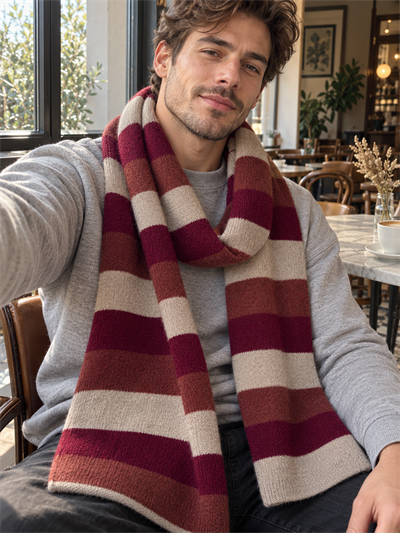 Retrobird Retro Çizgili Oversize Bordo Unisex Triko Atkı