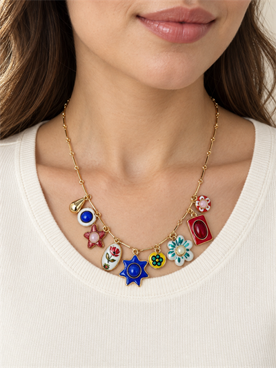Retrobird Solana Colorful Figurative Charm Detail Navy Blue Necklace