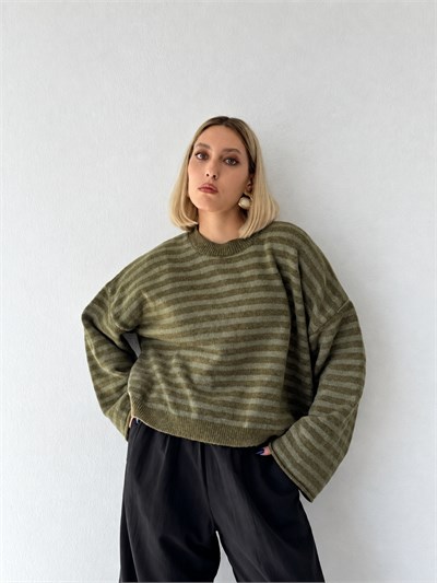 Retrobird Livia Oversize Çizgili Yeşil Triko Kazak