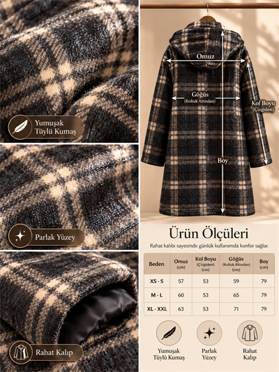 Retrobird Urban Retro Kahve Bej Ekose Kapüşonlu Oversize Ceket Kaban