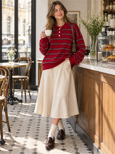 Retrobird Sadie Çizgili Oversize Polo Yaka Kırmızı Triko Kazak