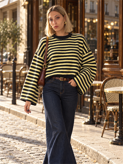 Retrobird Livia Oversize Siyah Çizgili Sarı Triko Kazak
