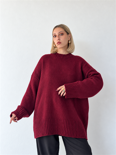 Retrobird Bess Oversize Bisiklet Yaka Bordo Basic Triko Kazak