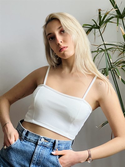 Retrobird Ekru Renkli Likralı Kadın Crop Üst