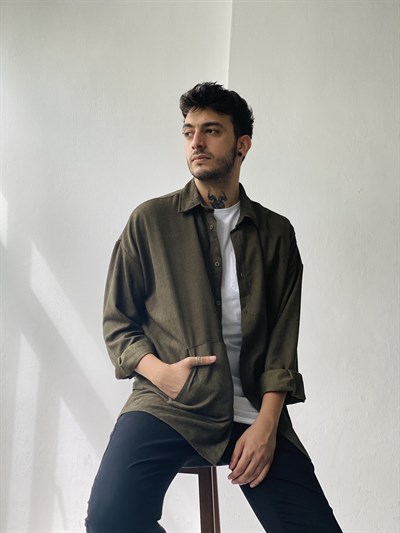 Retrobird Erkek Kadife Oversize Haki Ceket Gömlek