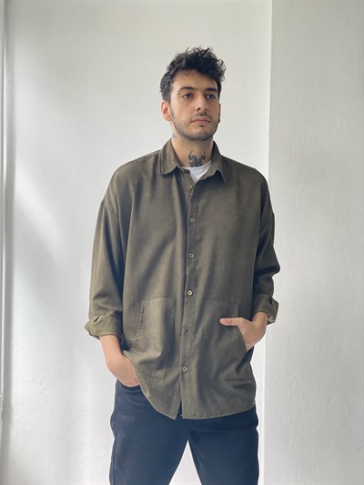 Retrobird Erkek Kadife Oversize Haki Ceket Gömlek