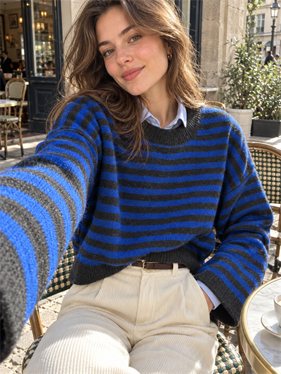 Retrobird Livia Oversize Siyah Çizgili Saks Mavi Triko Kazak