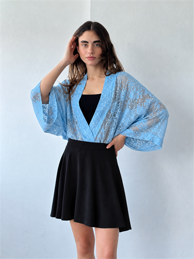 Retrobird Tasarım Transparan Dantel Marin Mavi Boho Mini Kimono