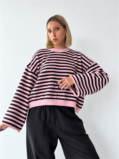 Retrobird Livia Oversize Siyah Çizgili Pembe Triko Kazak