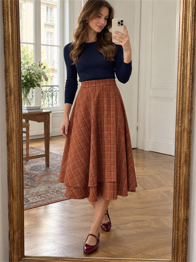 Retrobird Hazel Layered Cinnamon Asymmetrical Midi Skirt
