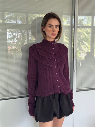 Retrobird Maisie Fırfır Detaylı İnci Düğmeli Mürdüm Rengi Triko Hırka
