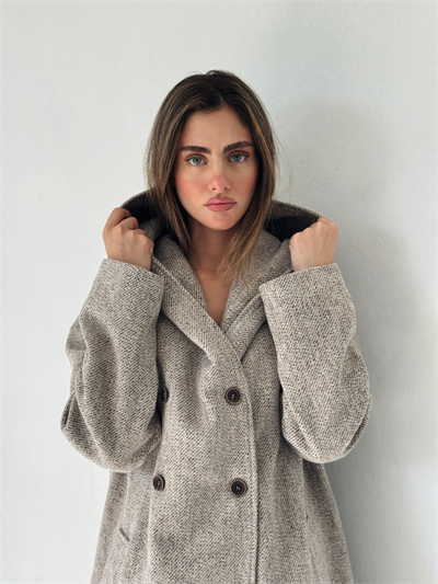 Retrobird Urban Retro Kapüşonlu Oversize Kırçıllı Krem Ceket Kaban