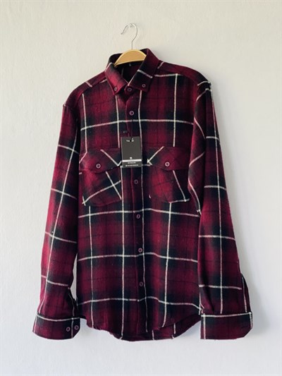 Retrobird Akrilik İplik Bordo Renkli Geniş Kalıp Kalın Kışlık Oduncu Erkek Gömlek