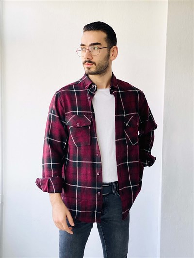 Retrobird Akrilik İplik Bordo Renkli Geniş Kalıp Kalın Kışlık Oduncu Erkek Gömlek