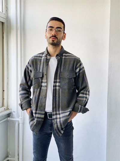 Retrobird Akrilik İplik Gri Renkli Geniş Kalıp Kalın Kışlık Oduncu Erkek Gömlek