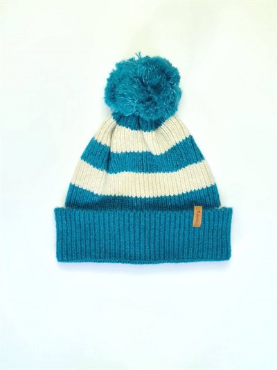 Retrobird Ponponlu Çizgi Desenli Unisex Petrol Renkli Pamuk Akrilik İplikte Bere