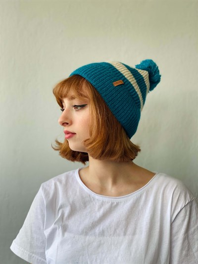 Retrobird Ponponlu Çizgi Desenli Unisex Petrol Renkli Pamuk Akrilik İplikte Bere
