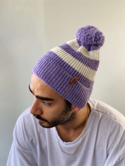 Retrobird Ponponlu Çizgi Desenli Unisex Lila Renkli Pamuk Akrilik İplikten Bere