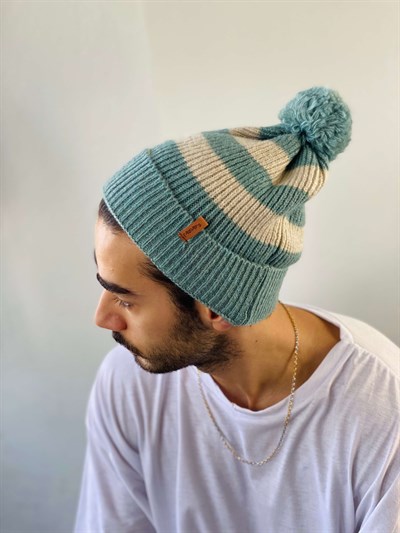 Retrobird Ponponlu Çizgi Desenli Unisex Yeşil Renkli Pamuk Akrilik İplikten Bere