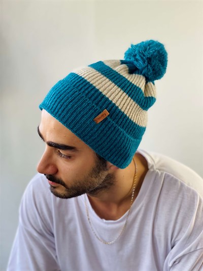 Retrobird Ponponlu Çizgi Desenli Unisex Petrol Renkli Pamuk Akrilik İplikte Bere