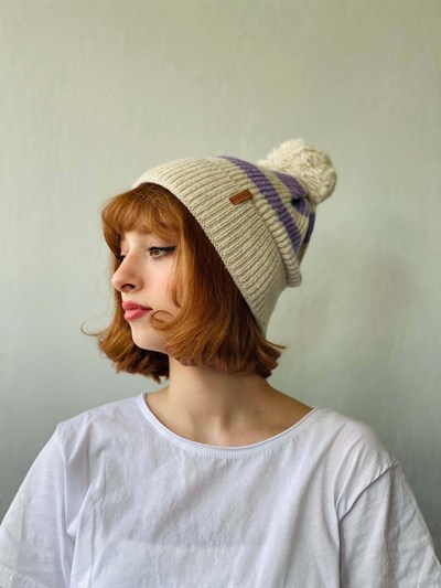 Retrobird Ponponlu Çizgili Unisex Lila Renkli Pamuk Akrilik İplikten Bere