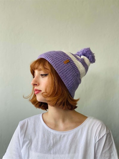 Retrobird Ponponlu Çizgi Desenli Unisex Lila Renkli Pamuk Akrilik İplikten Bere