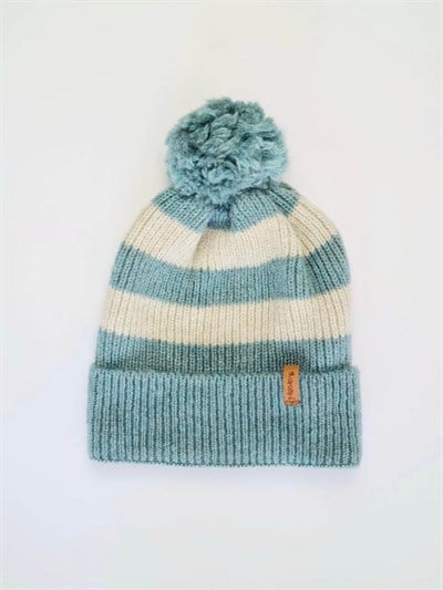 Retrobird Ponponlu Çizgi Desenli Unisex Yeşil Renkli Pamuk Akrilik İplikten Bere