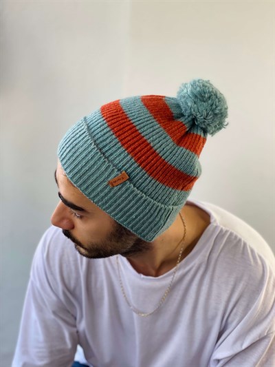 Retrobird Ponponlu Çizgi Desenli Unisex Çok Renkli Pamuk Akrilik İplikten Bere