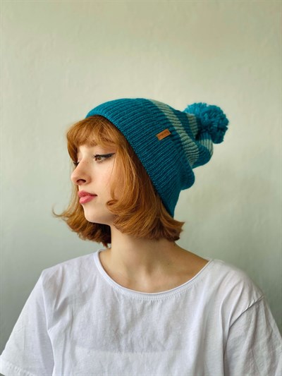 Retrobird Ponponlu Çizgi Desenli Unisex Petrol Renkli Pamuk Akrilik İplikten Bere