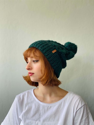 Retrobird Ponponlu Yeşil Renkli Pamuk Akrilik Unisex İplikten Bere