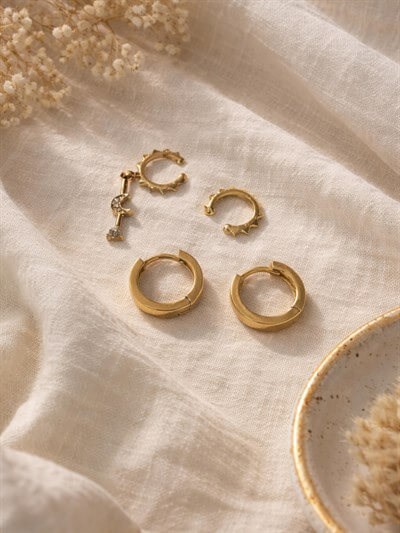 Retrobird 4lü Pirinç Earcuff Sarı Kıkırdak Küpe Seti