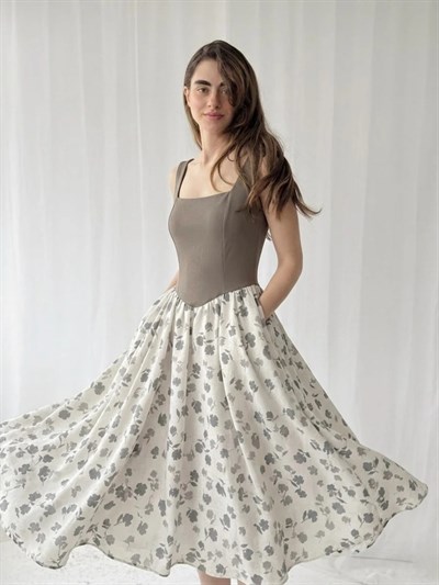 Retrobird 50s Belle Corset Boz Rengi Midi Elbise