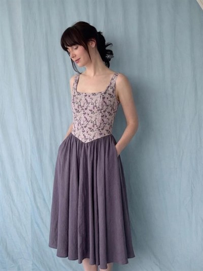 Retrobird 50s Belle Corset Eflatun Midi Elbise