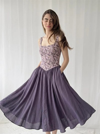 Retrobird 50s Belle Corset Eflatun Midi Elbise