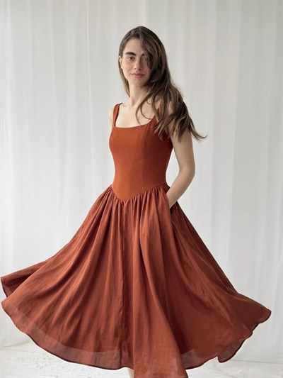 Retrobird 50s Belle Corset Kiremit Midi Elbise