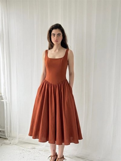 Retrobird 50s Belle Corset Kiremit Midi Elbise