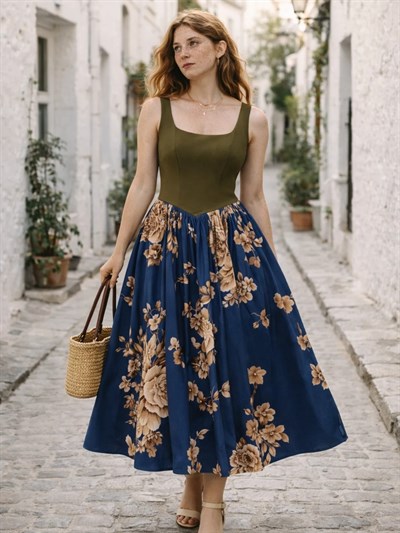 Retrobird 50s Belle Corset Koyu Mavi Midi Elbise