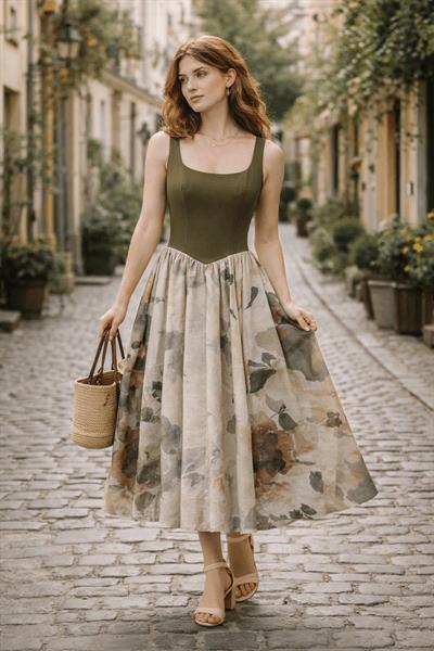 Retrobird 50s Belle Corset Beige Midi Dress