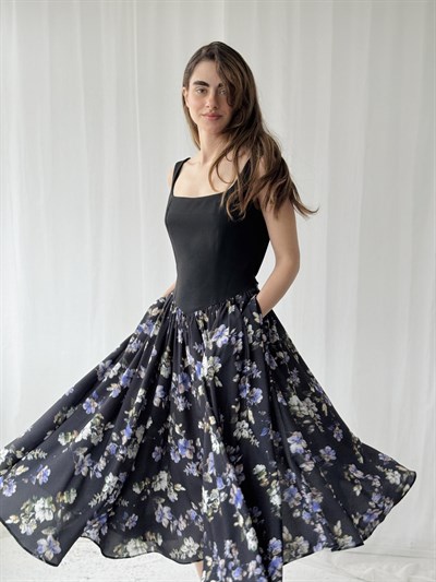 Retrobird 50s Belle Corset Black Violet Midi Dress