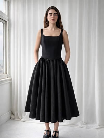 Retrobird 50s Belle Corset Black Midi Dress