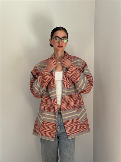 Retrobird 90lar Retro Model Kırmızı Oversize Tasarım Ekose Ceket