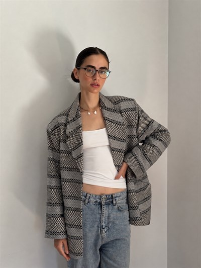Retrobird 90lar Retro Model Gri-Lacivert Oversize Tasarım Ekose Ceket
