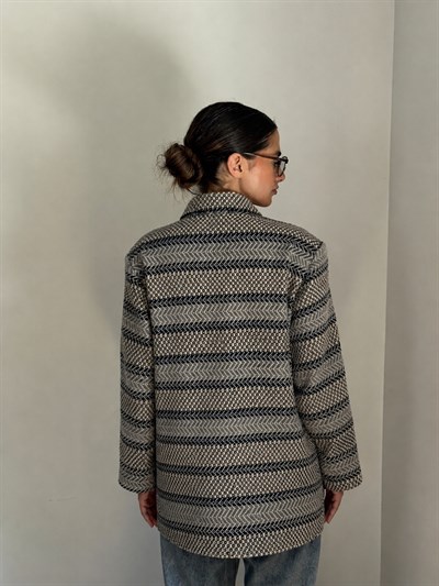Retrobird 90lar Retro Model Gri-Lacivert Oversize Tasarım Ekose Ceket