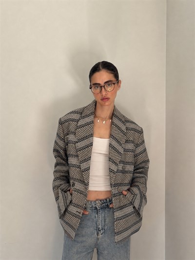 Retrobird 90lar Retro Model Gri-Lacivert Oversize Tasarım Ekose Ceket