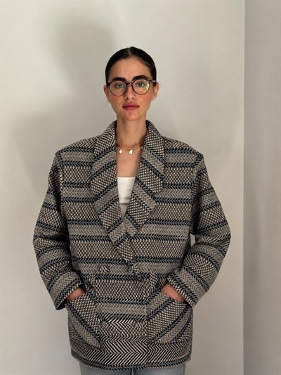 Retrobird 90lar Retro Model Gri-Lacivert Oversize Tasarım Ekose Ceket