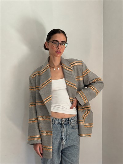 Retrobird 90lar Retro Model İndigo Oversize Tasarım Ekose Ceket