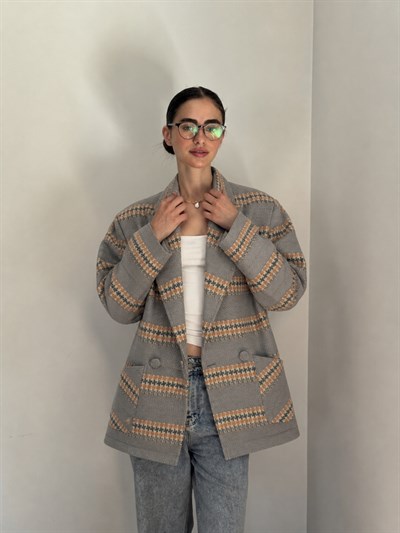 Retrobird 90lar Retro Model İndigo Oversize Tasarım Ekose Ceket