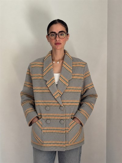 Retrobird 90lar Retro Model İndigo Oversize Tasarım Ekose Ceket